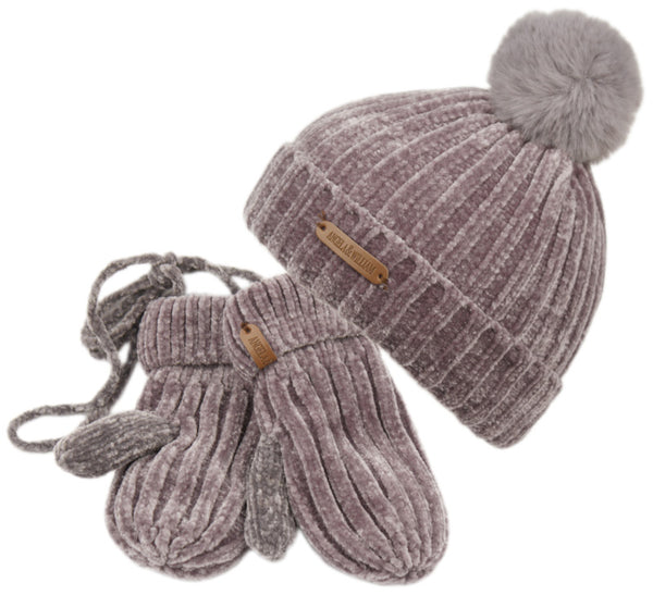Kids Chenille Knit Pompom Beanie Winter Hat Skull Cap Mitten 2 Pcs Set
