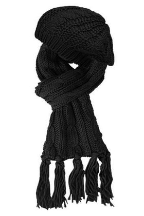 Women Cable Knit Beret Winter Hat Scarf 2 Pcs Set