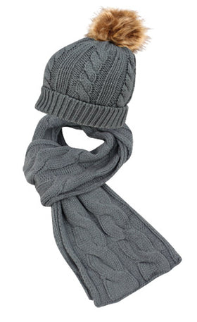 Women Cable Knit Beanie Winter Pompom Hat Scarf 2 Pcs Set