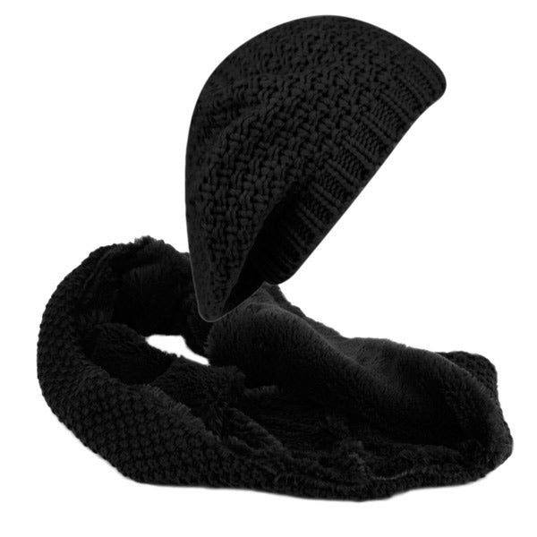 Women Knit Beret Winter Hat Sherpa Lining Scarf 2 Pcs Set